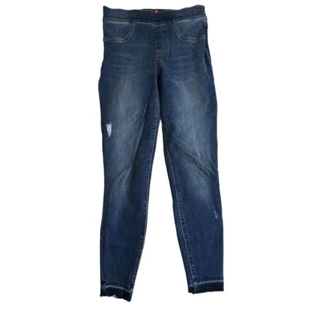 Spanx Womens Dark Wash Mid Rise Elastic Waist Pull on Raw Hem Skinny Jeans Small